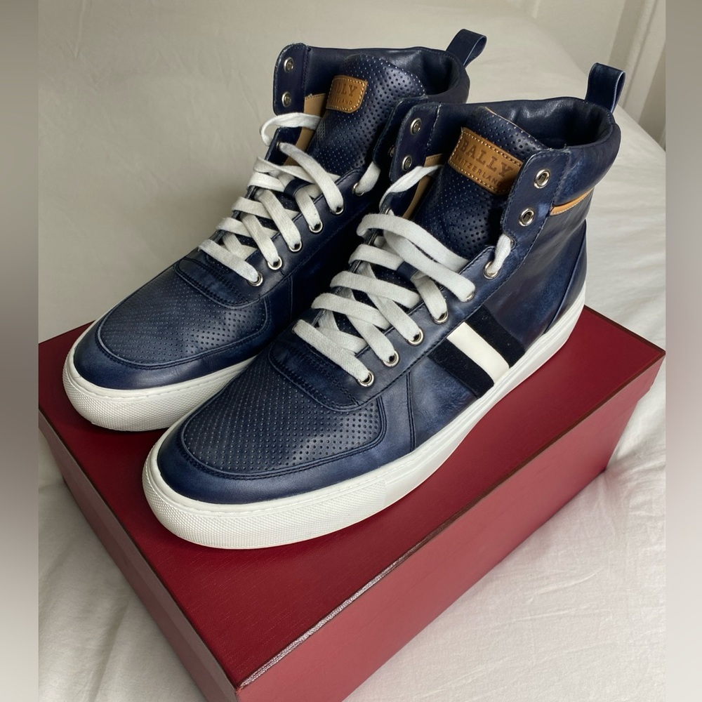 Bally High Top Sneaker Calf Skin Leather Navy Blue White Lace Up Mens Sz 13 46